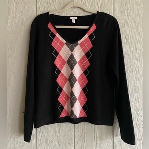 Y2K Argyle Black Pink V-Neck Sweater Barbiecore Schoolgirl Preppy Academia Sz PL